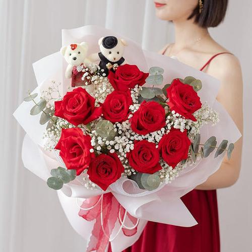 11朵玫瑰小熊花束送女朋友爱人生日浪漫七夕情人节告白